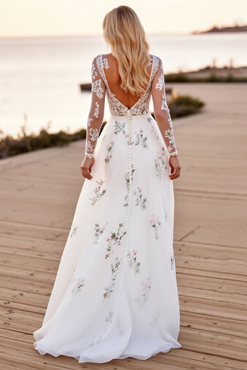 Long Sleeve V Neck White Floral Boho Wedding Dress